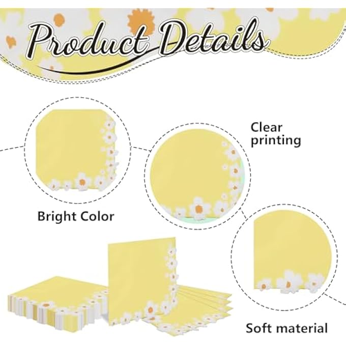 PACK OF 20 DAISY PARTY NAPKINS DAISY COCKTAIL LUNCH TABLE PAPER NAPKINS SUMMER SPRING FLOWERS PICNIC NAPKINS (YELLOW) - Image 4